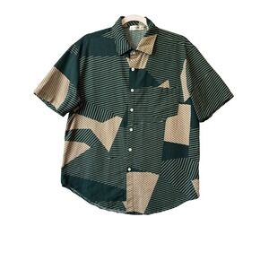 Charmkpr Green Geometric Short Sleeve Button Up Shirt Men's L Retro Resort Beach